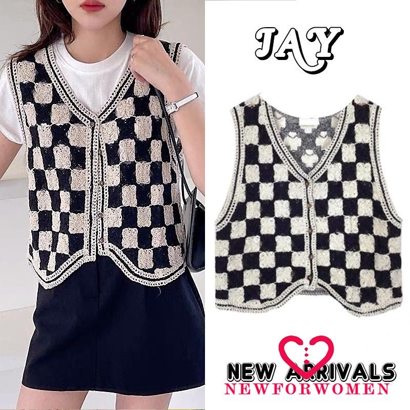 Áo khoác cardigan không tay dệt kim sọc caro cổ chữ V phối màu tương phản thời trang cho nữ