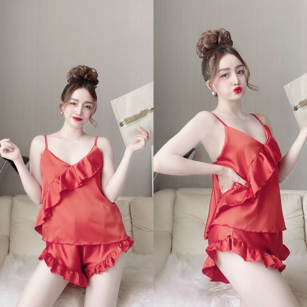 Bộ đồ ngủ hai dây sexy co giãn dễ thương, Bộ ngủ 2 dây mát lạnh satin loại 1 mềm mịn Freesize dưới 60kg