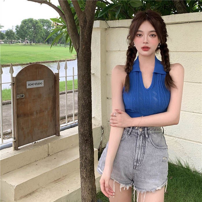 Áo dệt kim không tay cổ chữ V màu trơn thời trang quyến rũ cho nữ