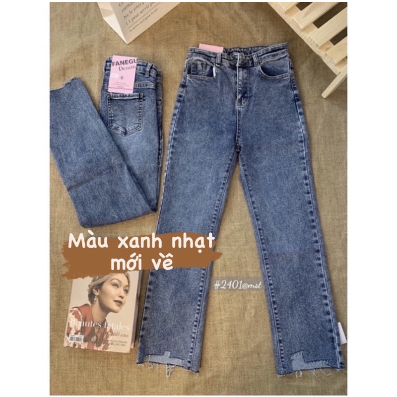 Quần Jean Dáng Đứng FANEGU Cắt Gấu Co Giãn, Quần Jeans Nữ Ống Đứng Tôn Dáng