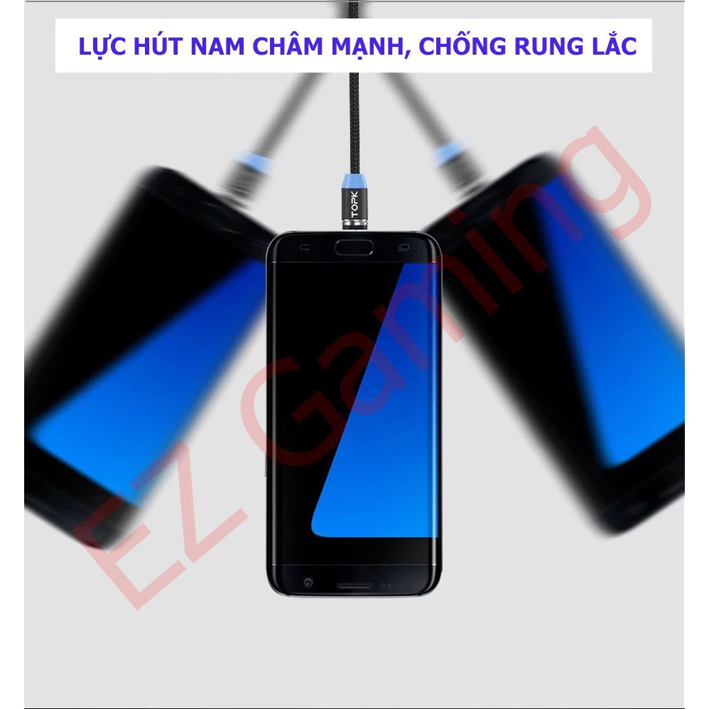 Cáp sạc nam châm TOPK Đầu thẳng, Dài 1m lực hút mạnh (Iphone Lightning, Micro USB, USB Type C)