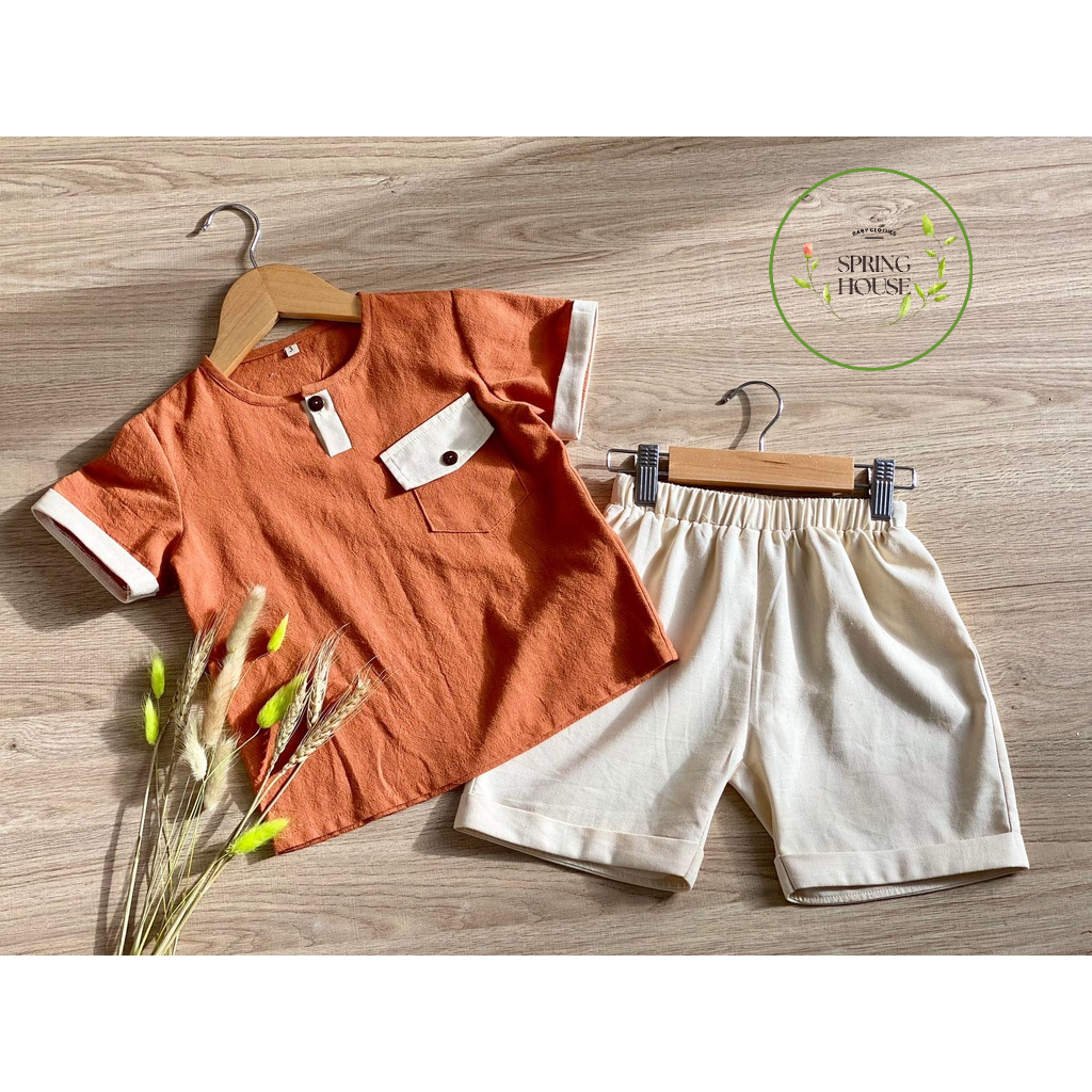 Sét bộ đùi bé trai SPRING HOUSE Chất Thô mix linen mềm mại thấm hút cho bé trai từ 7-48kg