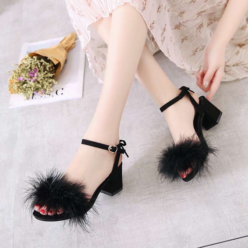 A76 giầy cao gót đính lông mềm điệu đà
