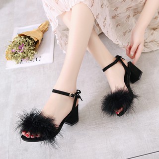 A76 giầy cao gót đính lông mềm điệu đà