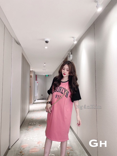 Vây suông phối tay in chữ NyC 2 màu chất đep