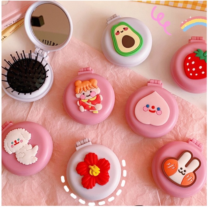 Gương Kèm Lược Massage Cầm Tay Tròn Mini Tiện Dụng - Lược Có Gương Họa Tiết Hoạt Hình Nhật Bản Siêu Dễ Thương-Tiemmebot