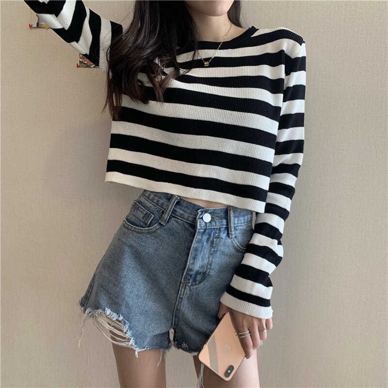 Áo Thun Tay Dài Dệt Kim Dáng Rộng Họa Tiết Kẻ Sọc Phong Cách Hàn Quốc Thời Trang Cho Nữ JH-CX-47