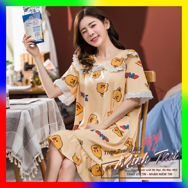 Váy ngủ - váy mặc nhà - cổ ren -chất liệu thun sữa - mềm - mát - mịn ( váy lá sen bèo ren - VÁY - MS - 04 )