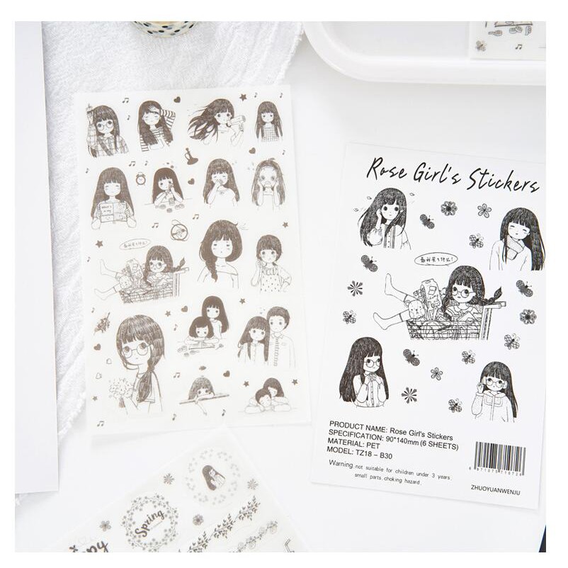 Bộ 6 tờ sticker Rose girl trang trí Handmade