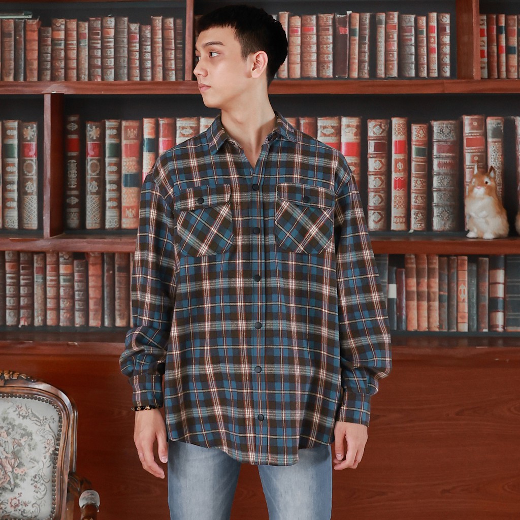 Áo Sơ Mi Flannel Sọc Xanh Nâu Chất Liệu Cotton Thoáng Mát