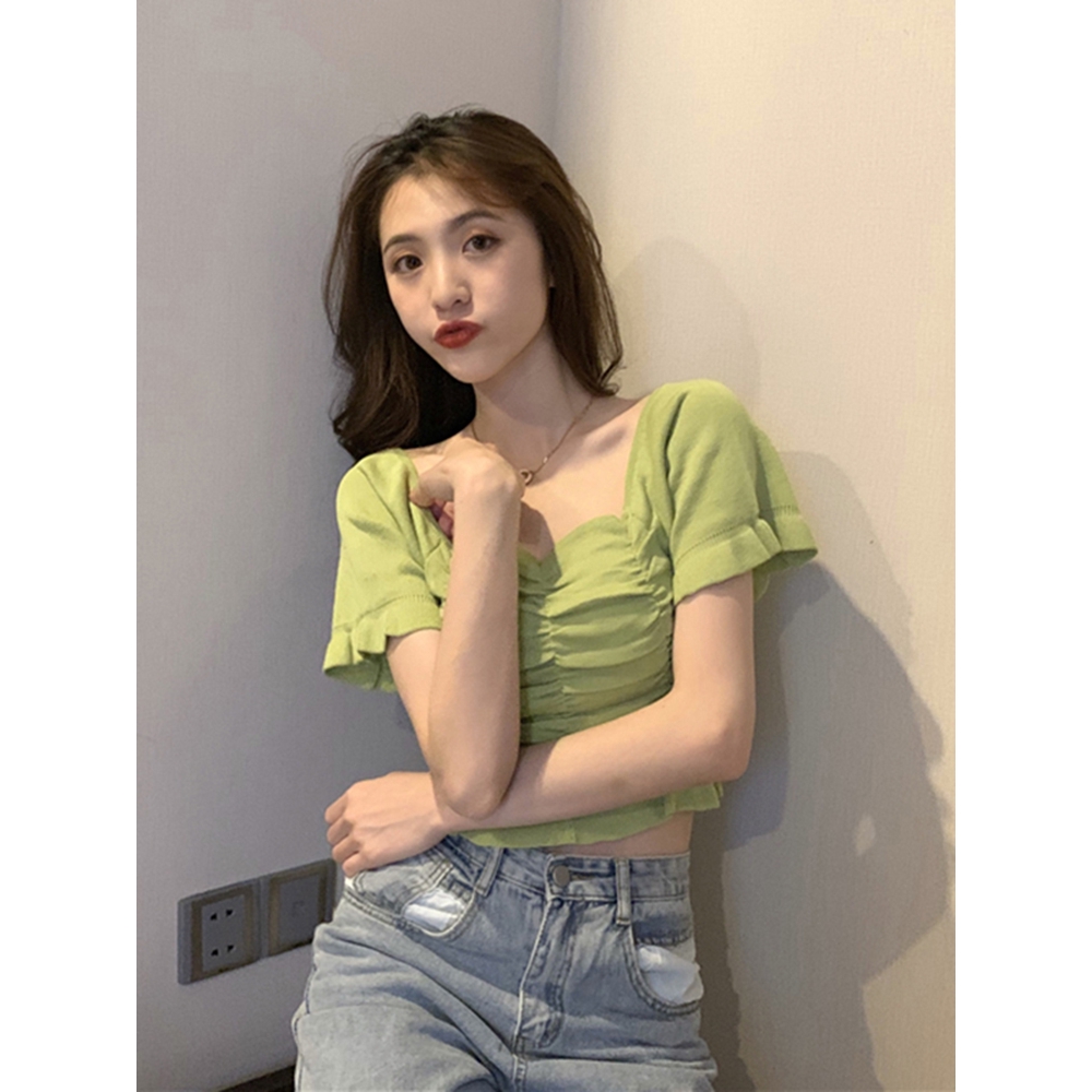 (Sẵn vàng trắng)Áo croptop ôm body nữ tay ngắn 2021, áo kiểu nữ đẹp màu trắng, đen, vàng cổ vuông sang chảnh | BigBuy360 - bigbuy360.vn