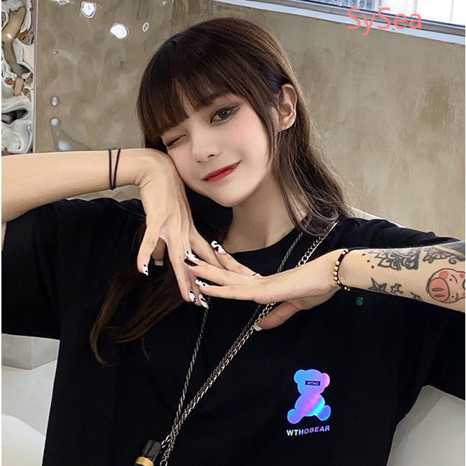 Áo Thun Cotton Tay Ngắn Dáng Rộng In Hình Gấu Phản Quang Độc Đáo Hợp Thời Trang