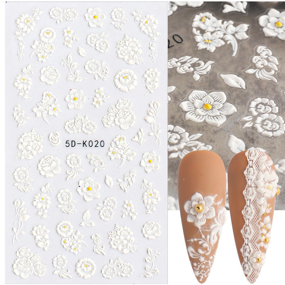 OCEANMAP Women Nail Stickers White Manicure Accessories Nail Art Decorations Embossed Flower Lace Hollow DIY Nail Jewelry Nail Decals