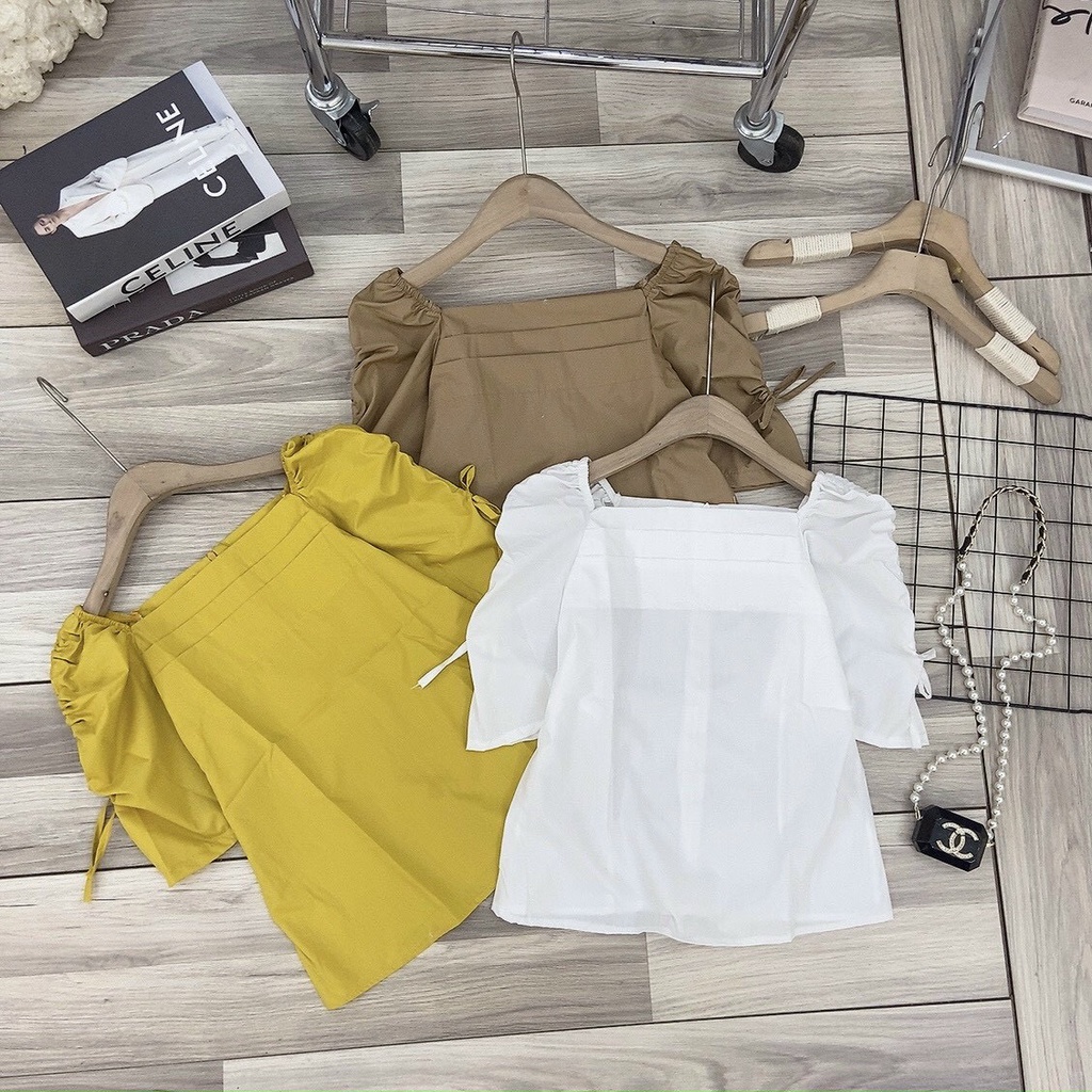 Áo sơ mi nữ chunvai cổ xuông phong cách tiểu thư