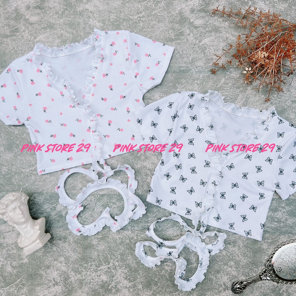 Áo Croptop Cổ V Body Tay Ngắn Viền Bèo Đan Nơ Eo In Họa Tiết Hoa Và Bướm A5234 | BigBuy360 - bigbuy360.vn