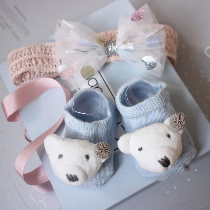 Baby Socks And Headband Set Lovely Flowers Decorated Anti-Slip Ankle Socks Elastic Hair Band Set