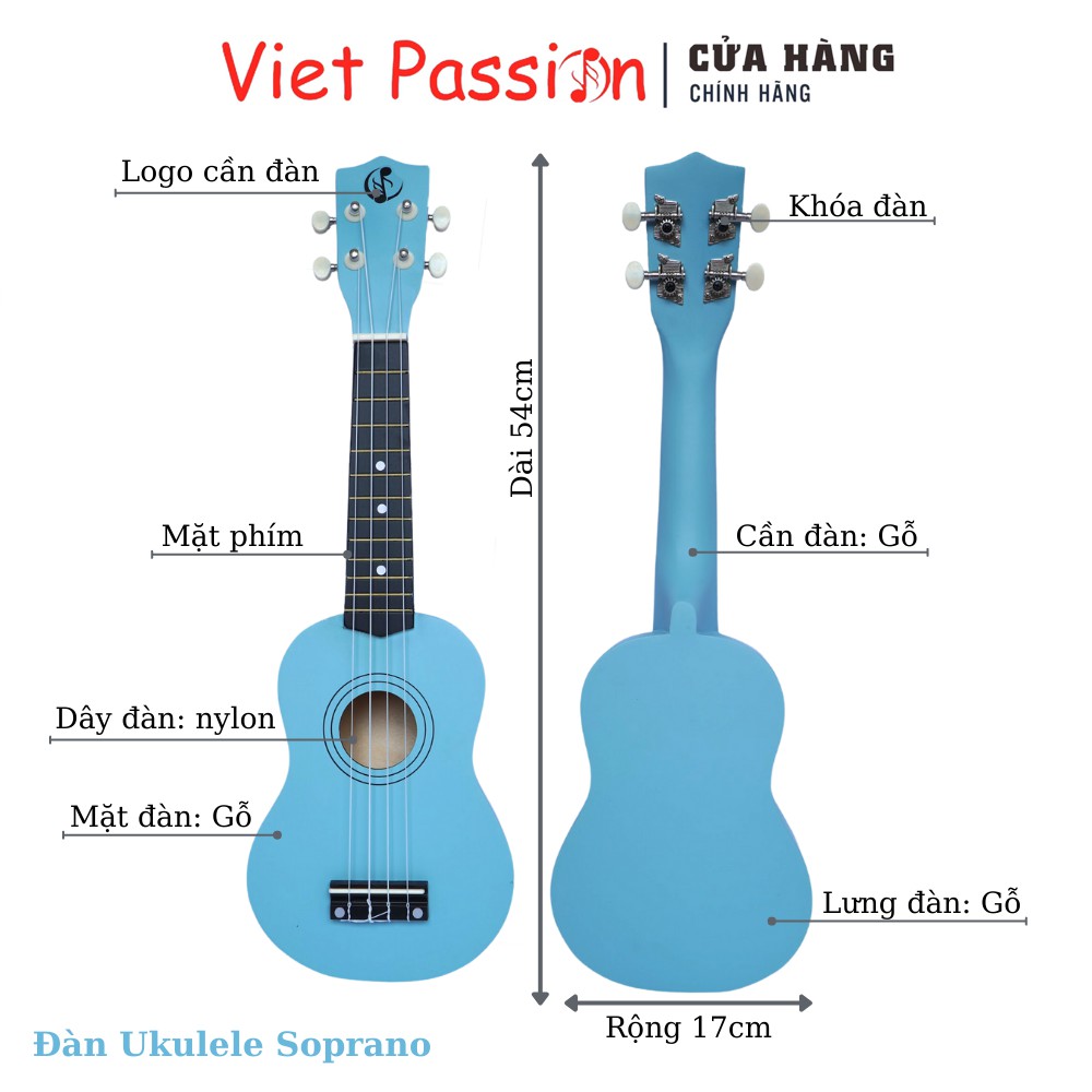Đàn ukulele soprano gỗ nhiều màu sắc 21 inch hàng cao cấp vietpassion