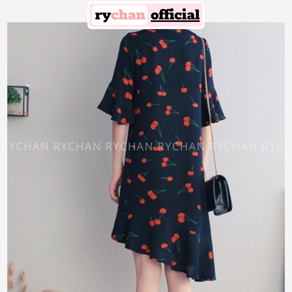 Đầm Nữ Họa Tiết Cherry Tà Xéo Độc Đáo, Váy Nữ Dạo Phố Cafe Cổ Tròn Tay Lửng Phối Bèo Màu Xanh Đen - DX9704