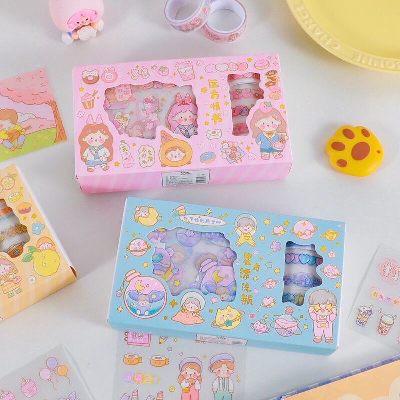 Hộp 9 sticker và 5 washi tape