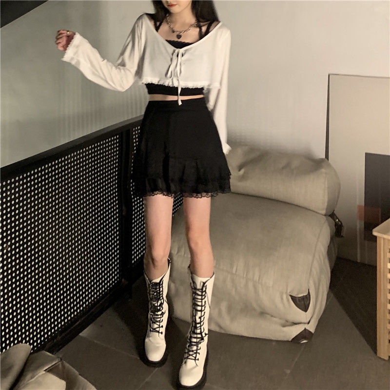 Set đồ COZOK gồm áo dây và áo khoác cardigan phối chân váy nhiều lớp thời trang cho nữ