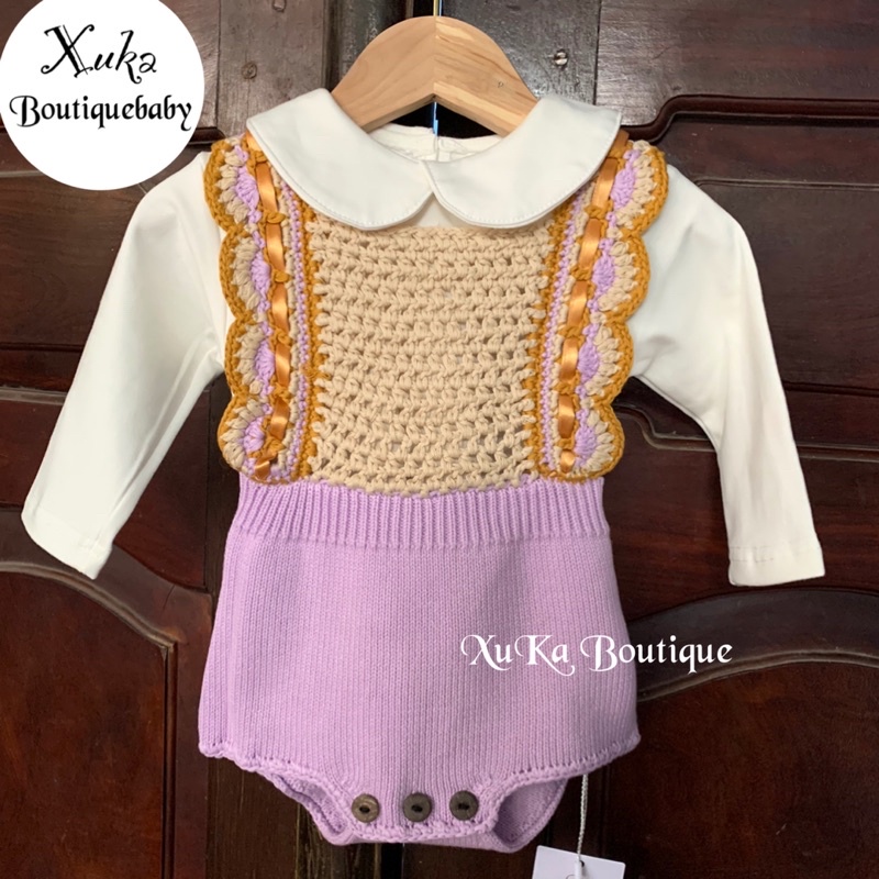 Yếm Len Bé Gái Màu tTím [Xuka Boutique] Bộ quần áo Len màu tím và áo thun cổ sen siêu xinh cho bé | Hàng QC Cao Cấp