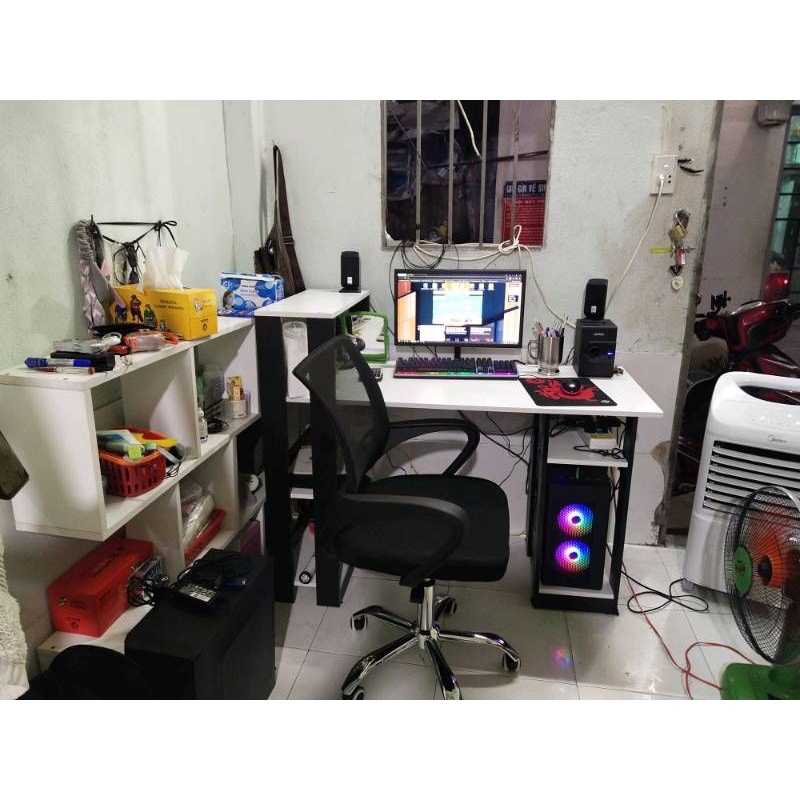 Bàn làm việc kiểu mới, bàn gỗ bàn học kèm kệ sách Trắng Phối Đen