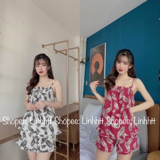 Bộ lụa 2 dây bbd hoạ tiết chiếc lá Bộ lụa đùi mặc nhà form rộng