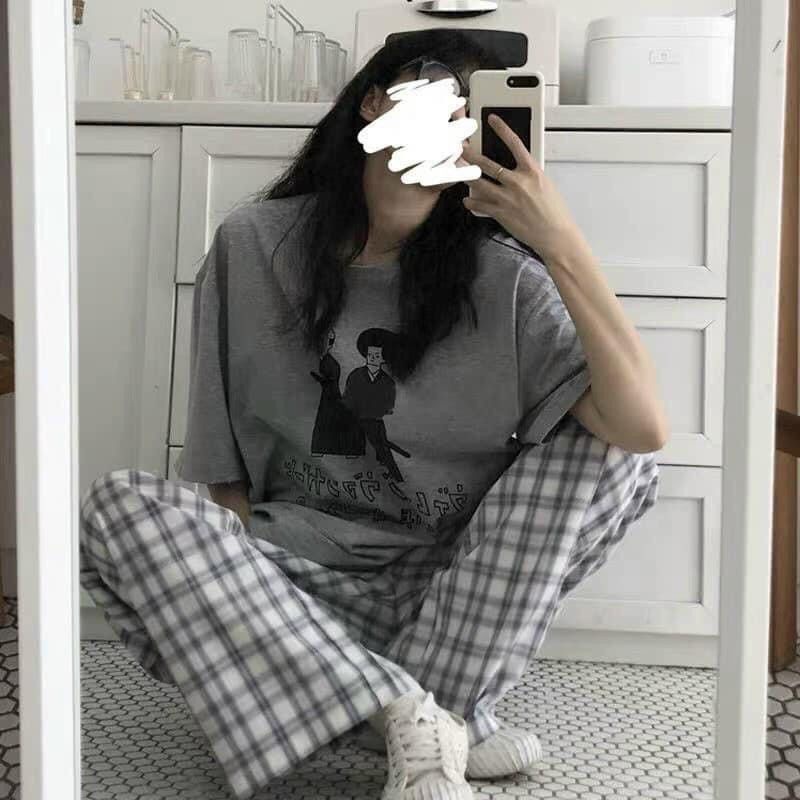 Bộ Quần Culottes Kẻ Áo Phông Phong Cách Nhật Set Trang Phục Unisex | BigBuy360 - bigbuy360.vn