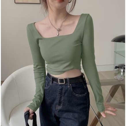 Áo cổ vuông croptop nữ dài tay Madela ôm dáng co giãn tốt-ACTDT01