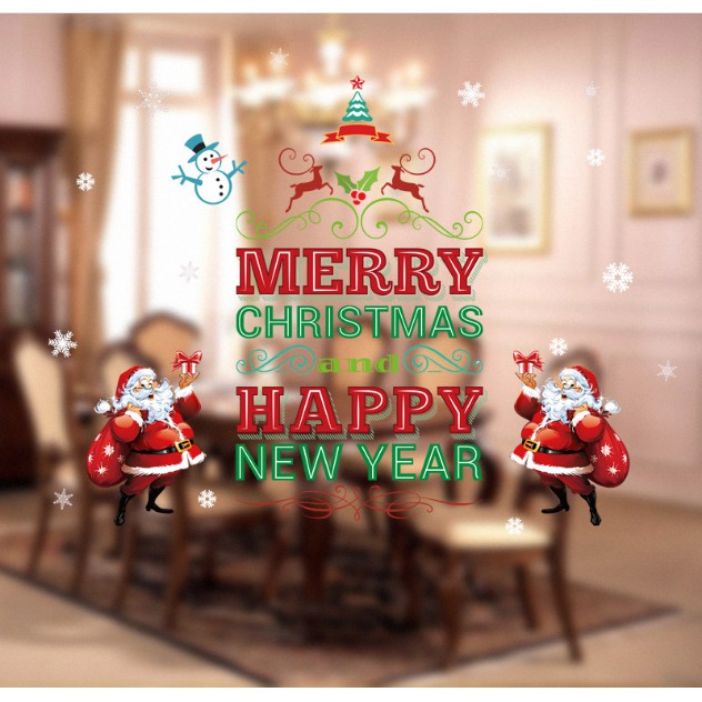 Decal trang trí tường Noel - Merry Christmas and Happy New Year Xanh Đỏ