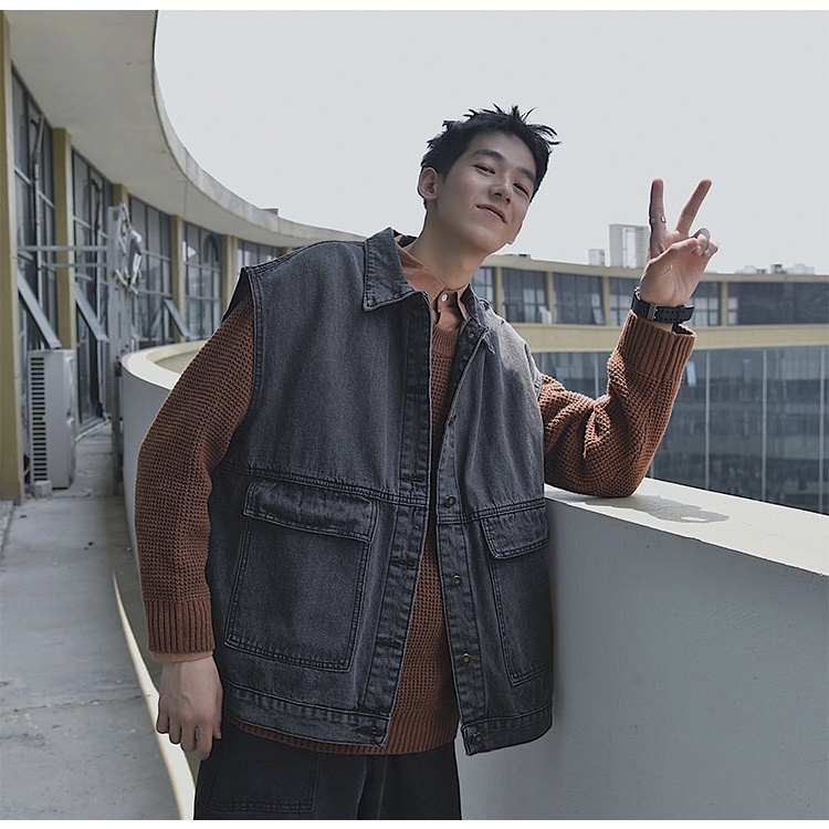 Áo Gile Jeans Bò Unisex Form rộng phong cách Hàn Quốc