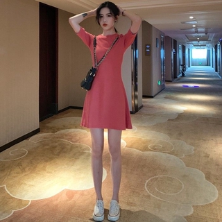 Đầm Thun Nữ Ngắn Tay Màu Trơn Thời Trang Hàn Quốc