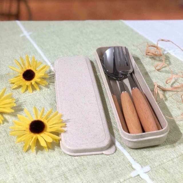 BỘ ĐŨA THÌA INOX CÁN GỖ KÈM HỘP ĐỰNG LÚA MẠCH