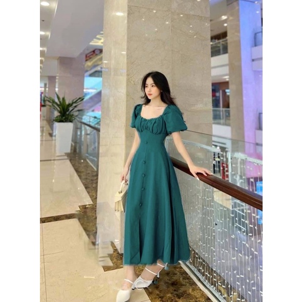 Đầm maxi nhíu ngực tay bồng xinh