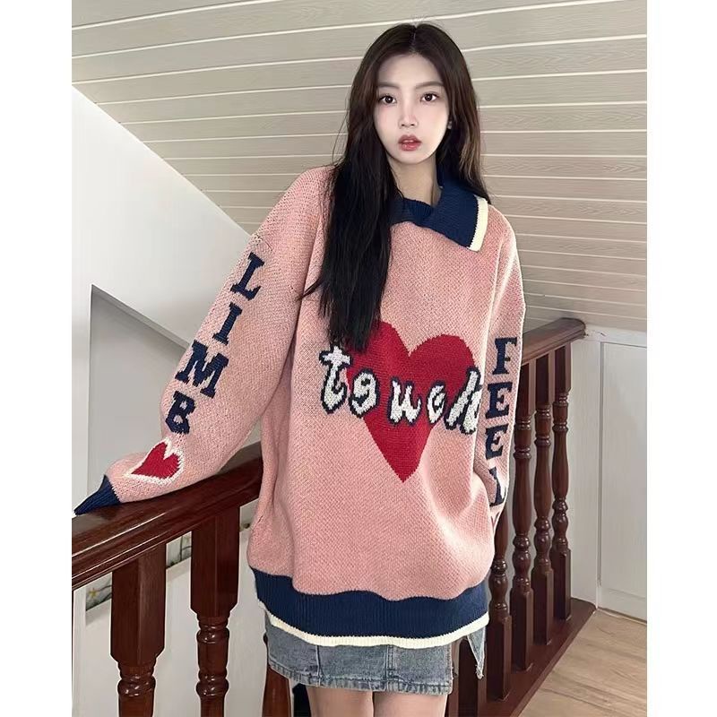 Retro pink letter love lapel sweater women's spring and autumn laziness design minority knitted shirt trend