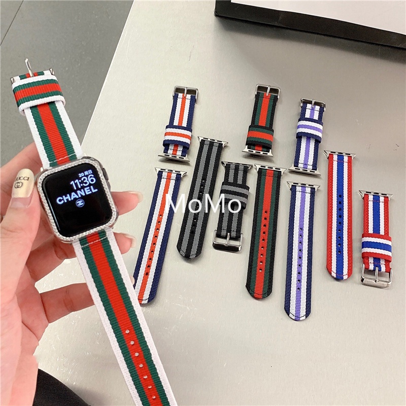 Dây Đeo Bằng Vải Canvas Họa Tiết Sọc Cho Đồng Hồ Thông Minh Smart Watch Series 7 6 SE 5 4 3 2 1 41mm 45mm 40mm 44mm 42mm
