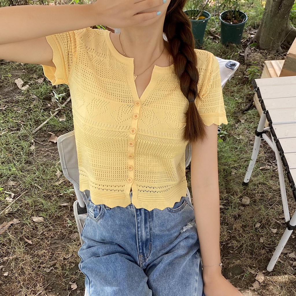 Áo len mongtoghi nữ croptop tay ngắn dệt kim họa tiết kiểu cổ V thời trang phong cách hàng Quảng Châu cao cấp