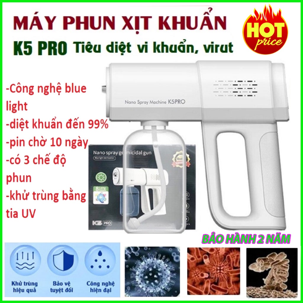 Súng phun khử khuẩn K5 Pro, K6, phun sương nano diệt khuẩn, tiệt trùng bằng tia UV diệt 99% vi khuẩn Máy Phun Khử Khuẩn