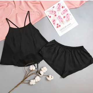 Đồ ngủ lụa cao cấp hai dây chéo lưng gợi cảm (màu đen) BT03B