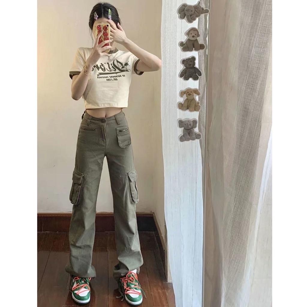 ♦❐♙Quần Jeans Lưng Cao Ống Rộng Nhiều Túi Phong Cách Retro Mỹ
