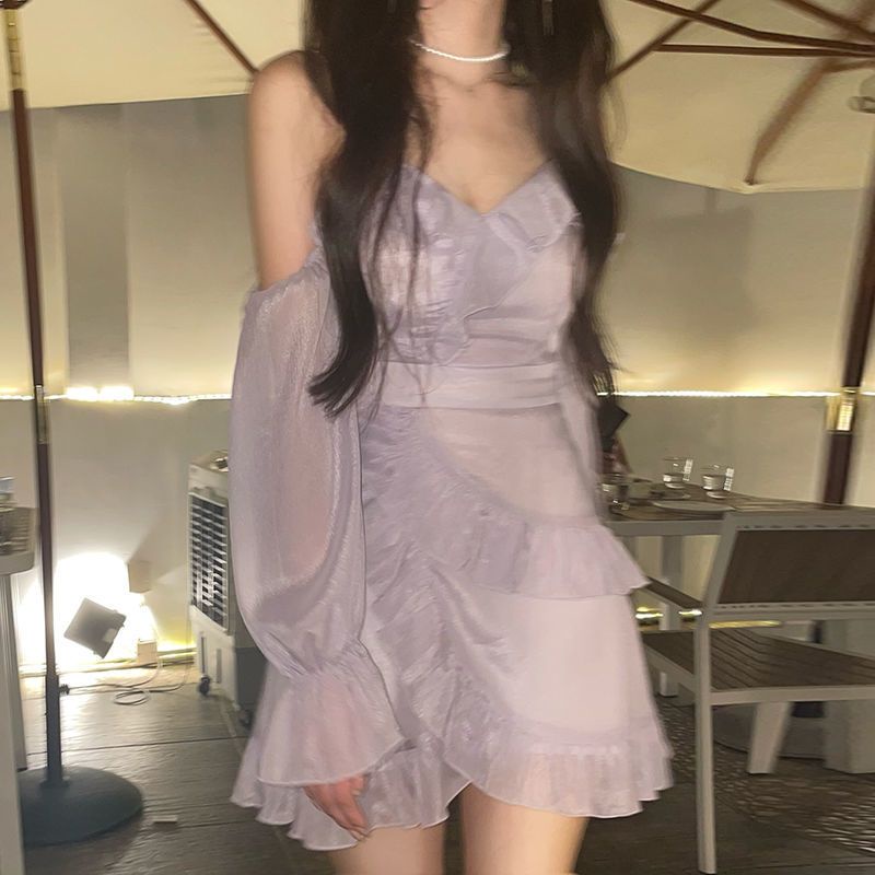 Đầm tím trễ vai xếp li ulzzang order