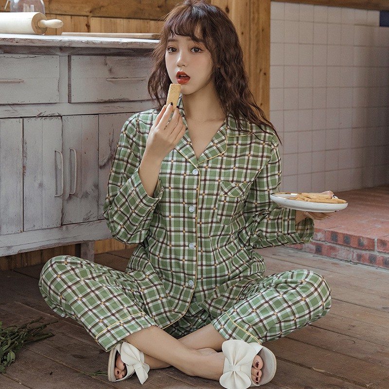 Set đồ ngủ pajama áo chữ V + quần dài thời trang cho nữ