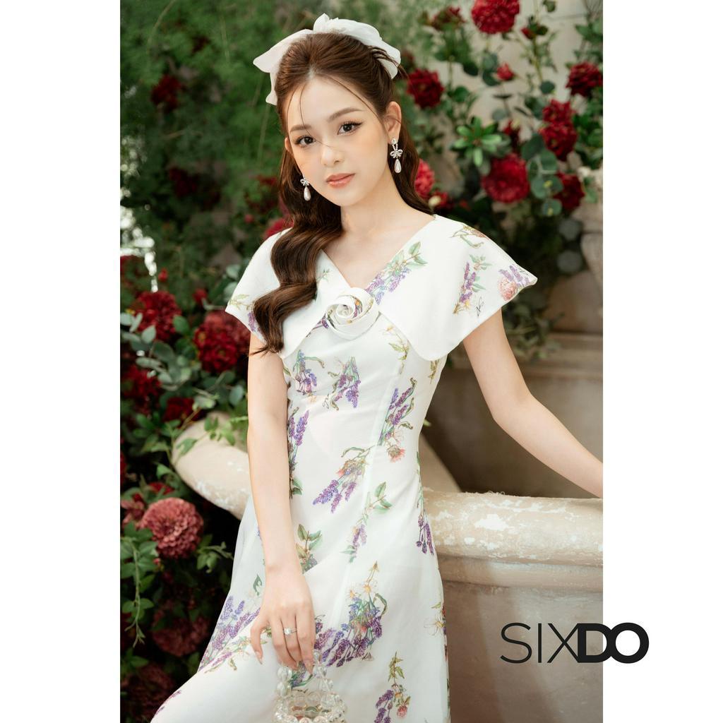 Đầm hoa midi cổ V choàng vai phối hoa thời trang SIXDO-Z