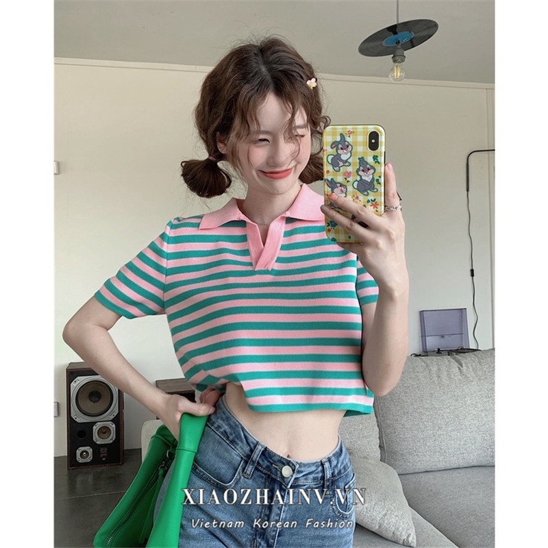 Xiaozhainv Áo Croptop Dệt Kim Ngắn Tay Kẻ Sọc Thời Trang Mùa Hè Cho Nữ