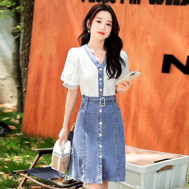 Đầm Denim Phối Ren Cổ Chữ v Thời Trang Hàn Quốc 2022