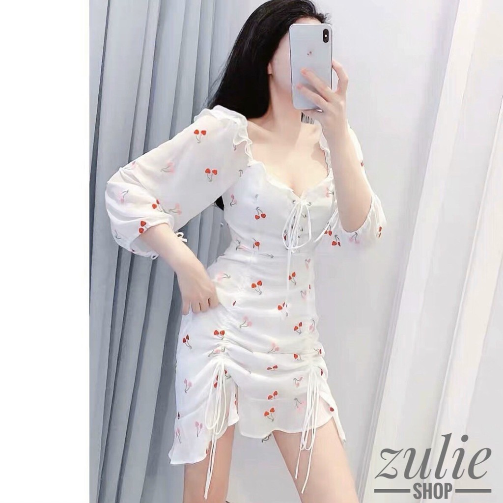 Đầm cherry trắng rút dây