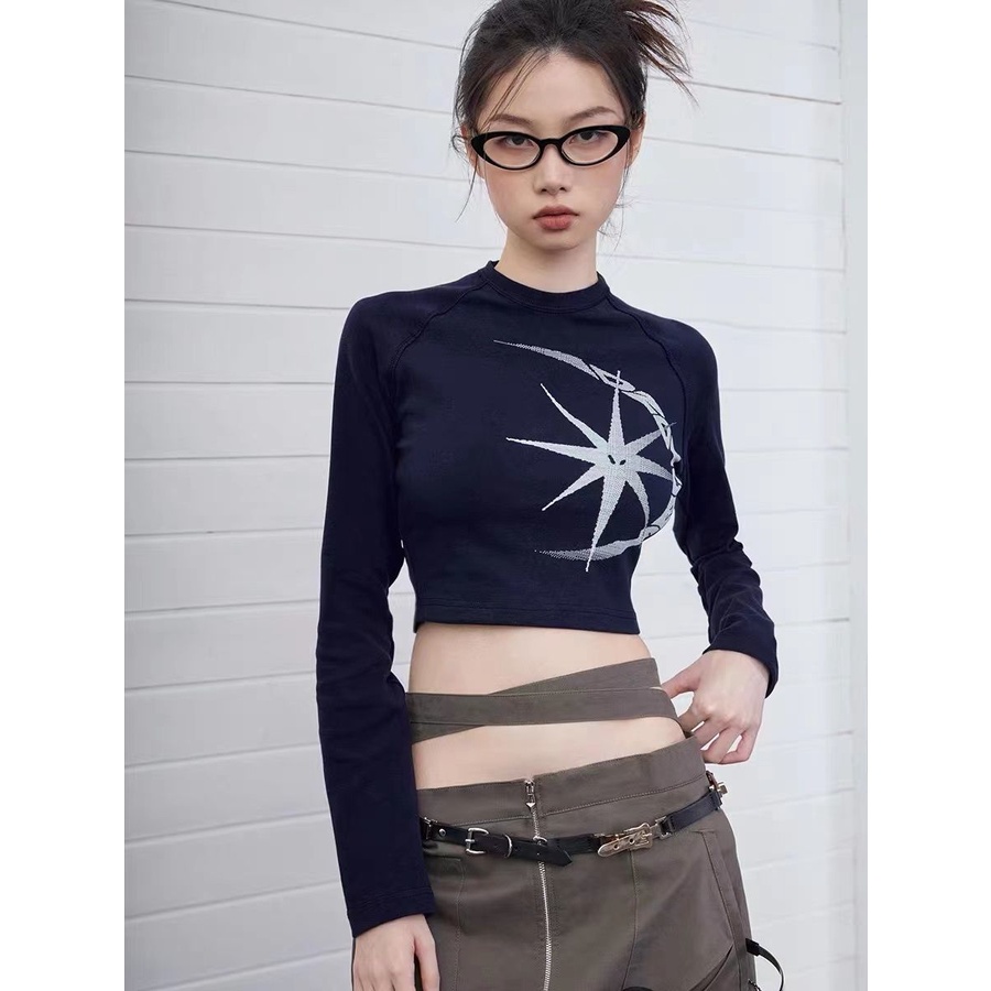 Áo Croptop Tay Dài In Hình Ngôi Sao Phong Cách Retro Mỹ Bella Shibuya [Millennium Hot Girl]
