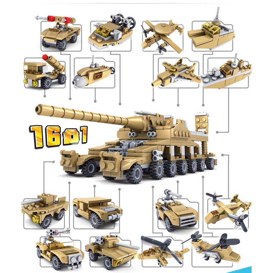 Bộ xếp hình đồ chơi Lego xe tăng KAVY với 554 chi tiết, 16 tạo hình lớn, rất nhiều chi tiết khác nhau.. cả nhà cùng chơi