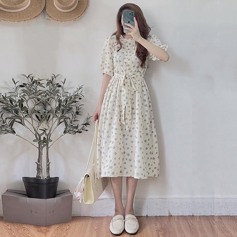 Váy trắng hoa nhí body babydoll tay ngắn thiết kế dây thắt eo bản to vintage , Đầm dự tiệc nữ hoa trắng | BigBuy360 - bigbuy360.vn