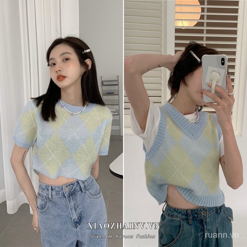 Vết nóngXiaozhainv Áo sát nách dệt kim / Áo phối màu tương phản kiểu dáng thời trang